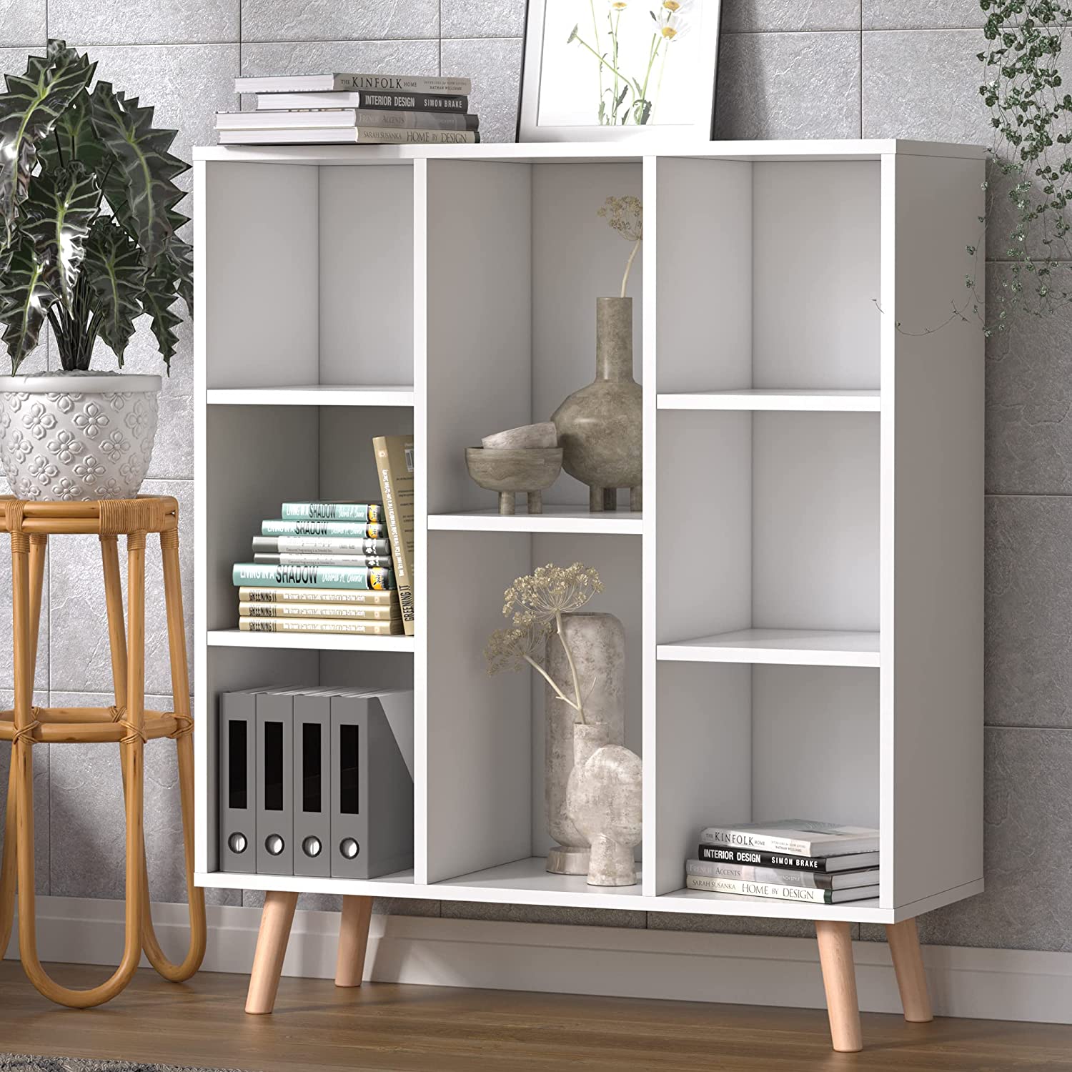 Small Freestanding Bookshelf 8 Storages Wood Book Shelves with Anti-Tilt Device for Bedroom, Office, Living Room