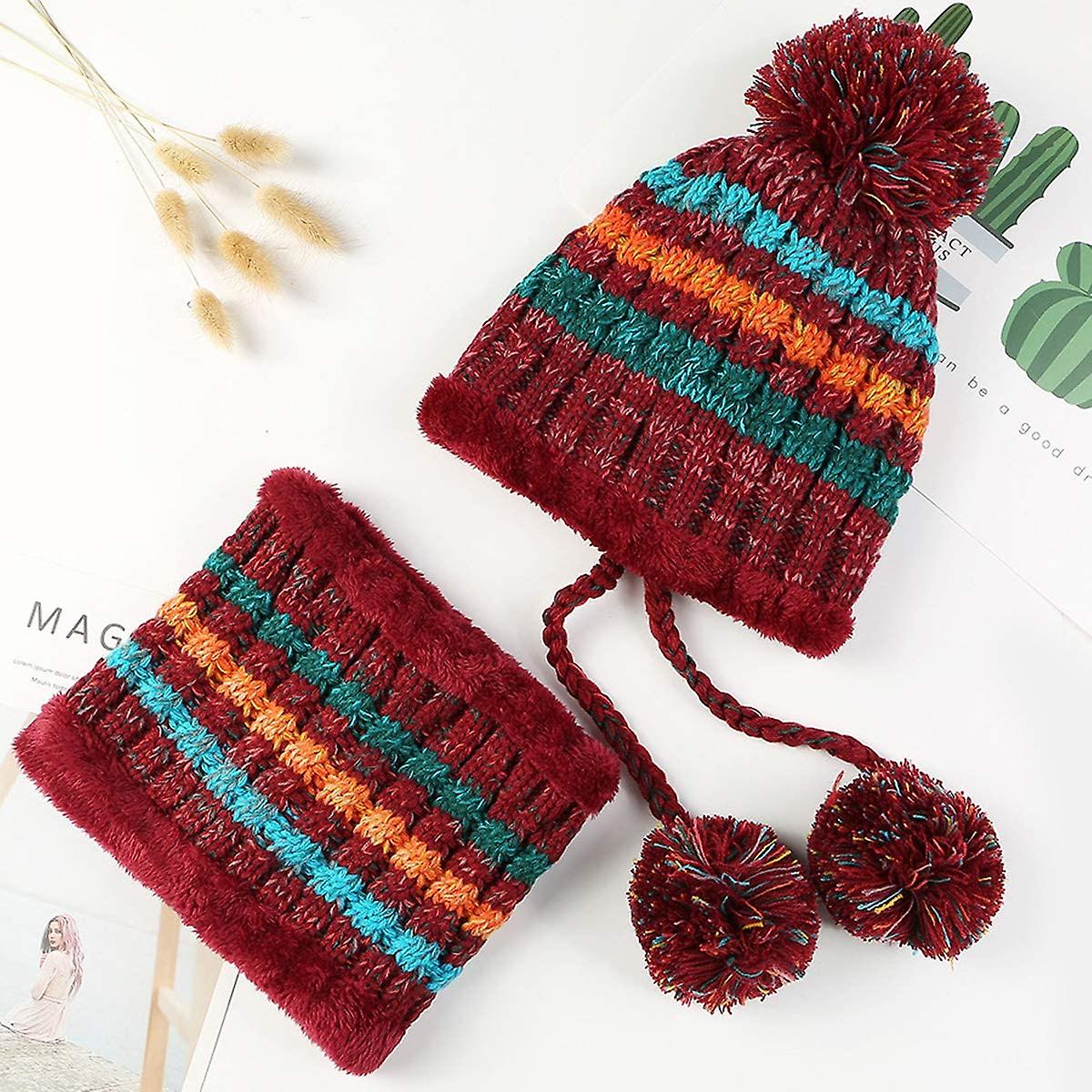 Women Winter Beanie Hat Peruvian Circle Scarf Set Ski Ear Flaps Caps Dual Layered Fleece Lined Pompoms A4-m8771-red -