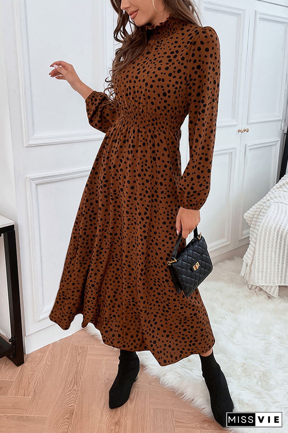 Leopard Print Long Sleeve Long Dress Wholesale