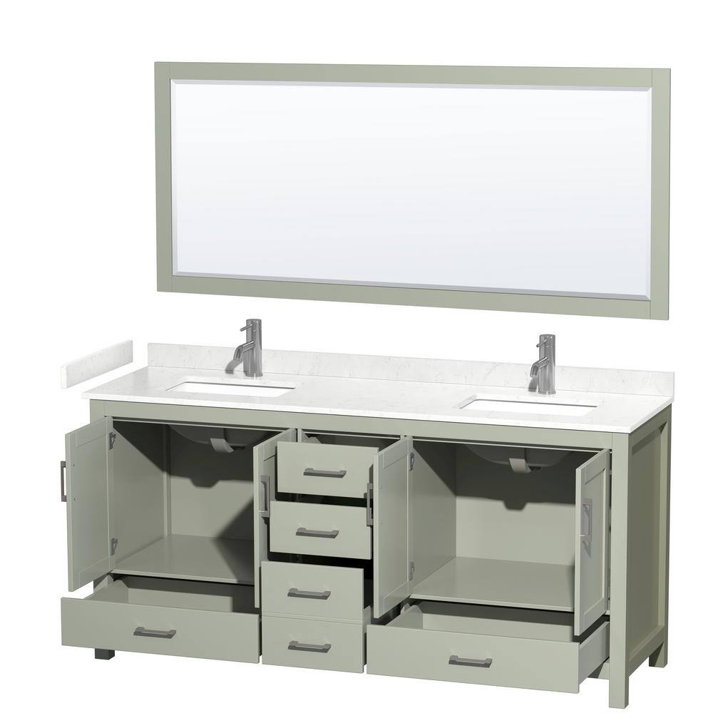 Wyndham Collection Sheffield 72 in. W x 22 in. D x 35 in. H Double Bath Vanity in Light Green with Carrara Cultured Marble Top  70