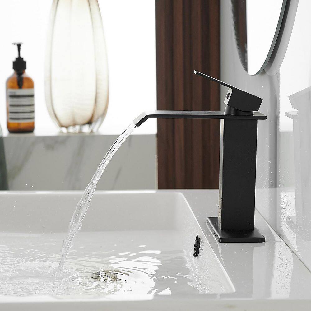 BWE Waterfall Single Hole Single-Handle Low-Arc Bathroom Faucet With Pop-up Drain Assembly in Matte Black A-96004-Black