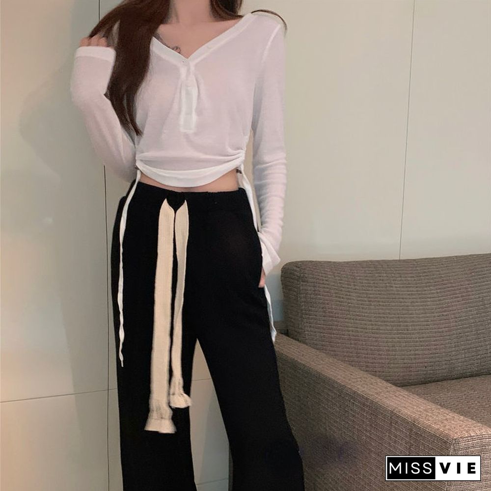 Sets Women 2 Pieces Cropped V-Neck Long Sleeve Tops Wide Leg Drawstring Pants Casual Fashion Streetwear Ulzzang All-Match Soft