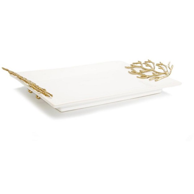 Classic Touch White Rectangular Tray With Gold Coral Design Handles