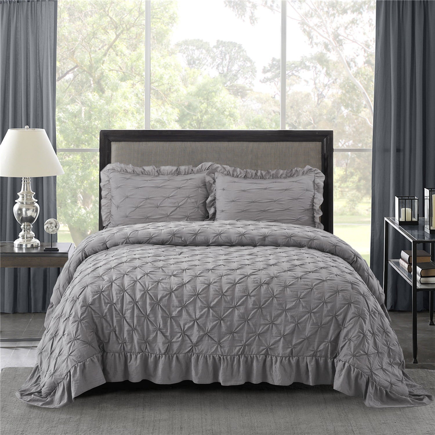 HIG 3 Piece Pinch Pleated Gray Comforter Set King - Super Soft Prewashed Microfiber