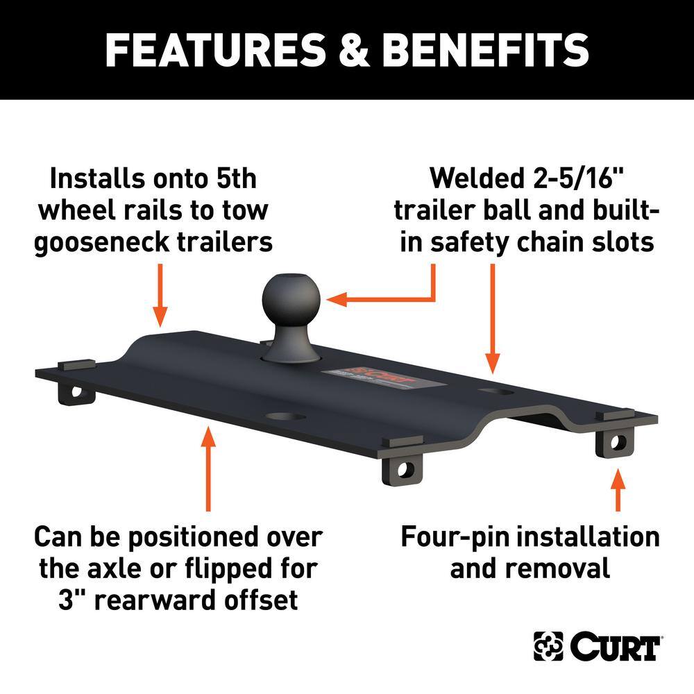 CURT Bent Plate 5th Wheel Rail Gooseneck Hitch with Ball Offset 3