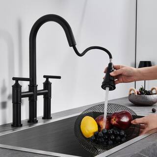 Boyel Living Double Handle Bridge Pull-Down Kitchen Faucet with 3-Spray Patterns and 360 Degrees Rotation Spout in Matte Black BL-KF02MB