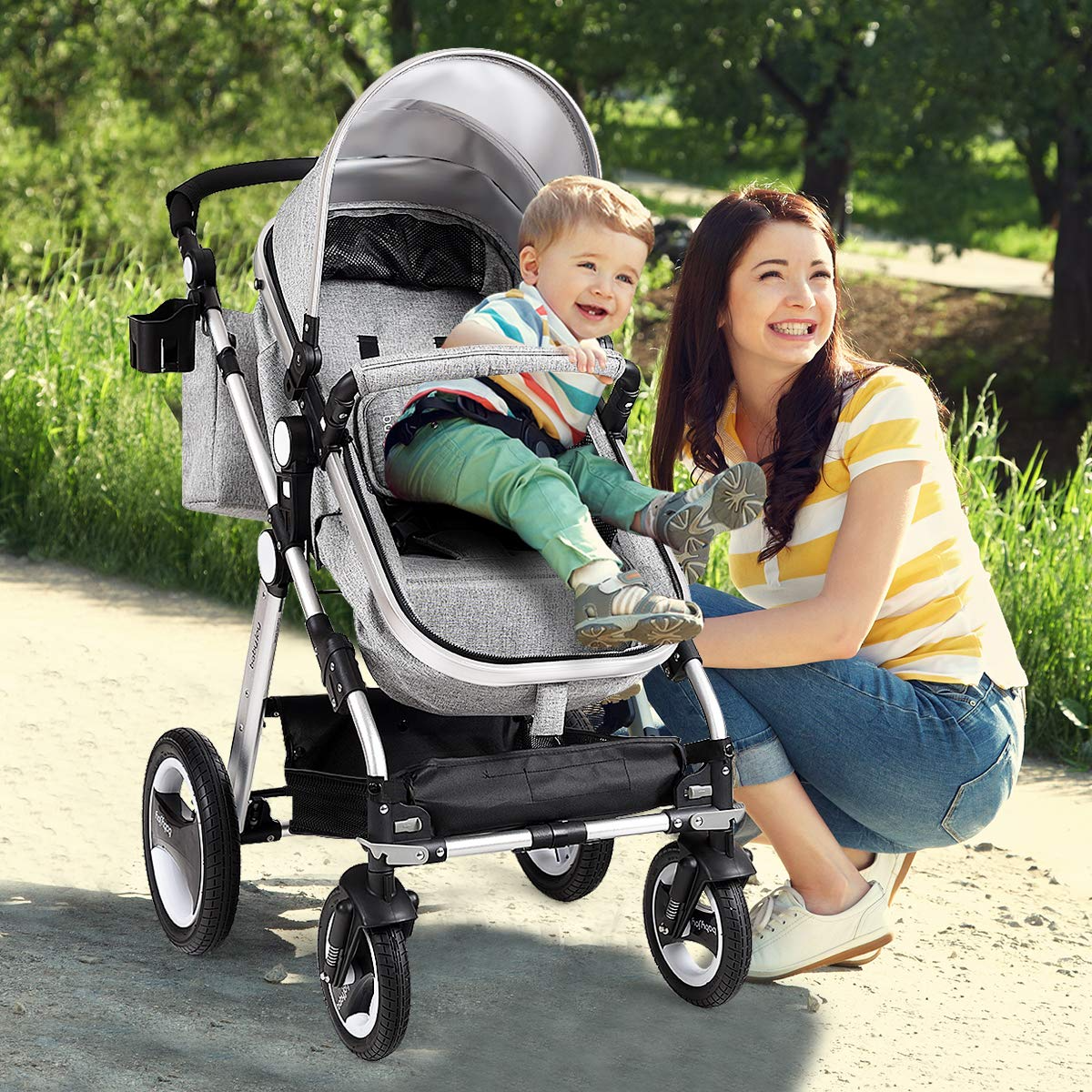 BABY JOY Baby Stroller, 2-in-1 Convertible Bassinet Reclining Stroller, Foldable Pram Carriage with 5-Point Harness