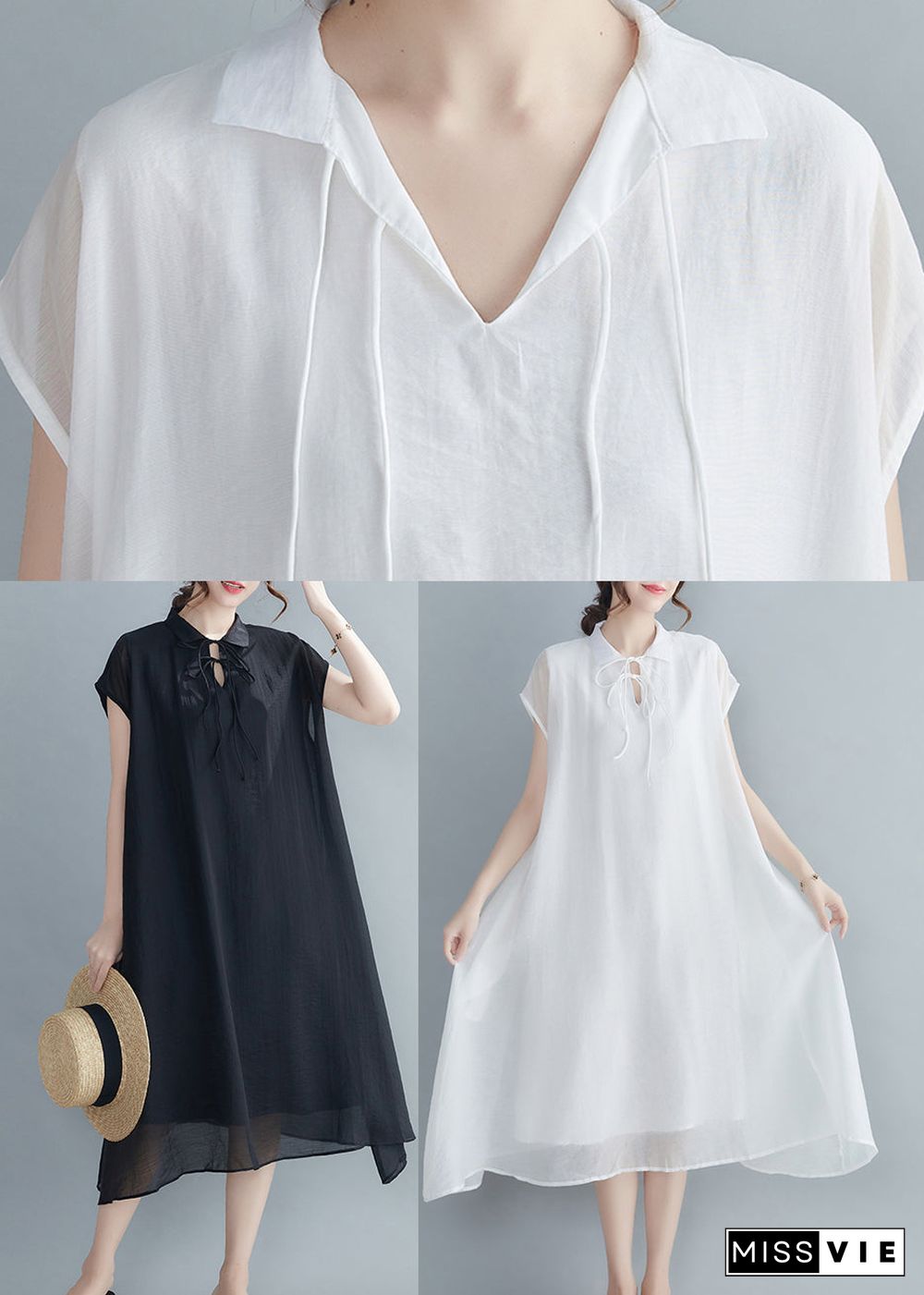 White Chiffon Long Dress Extra large hem Lace up Short Sleeve