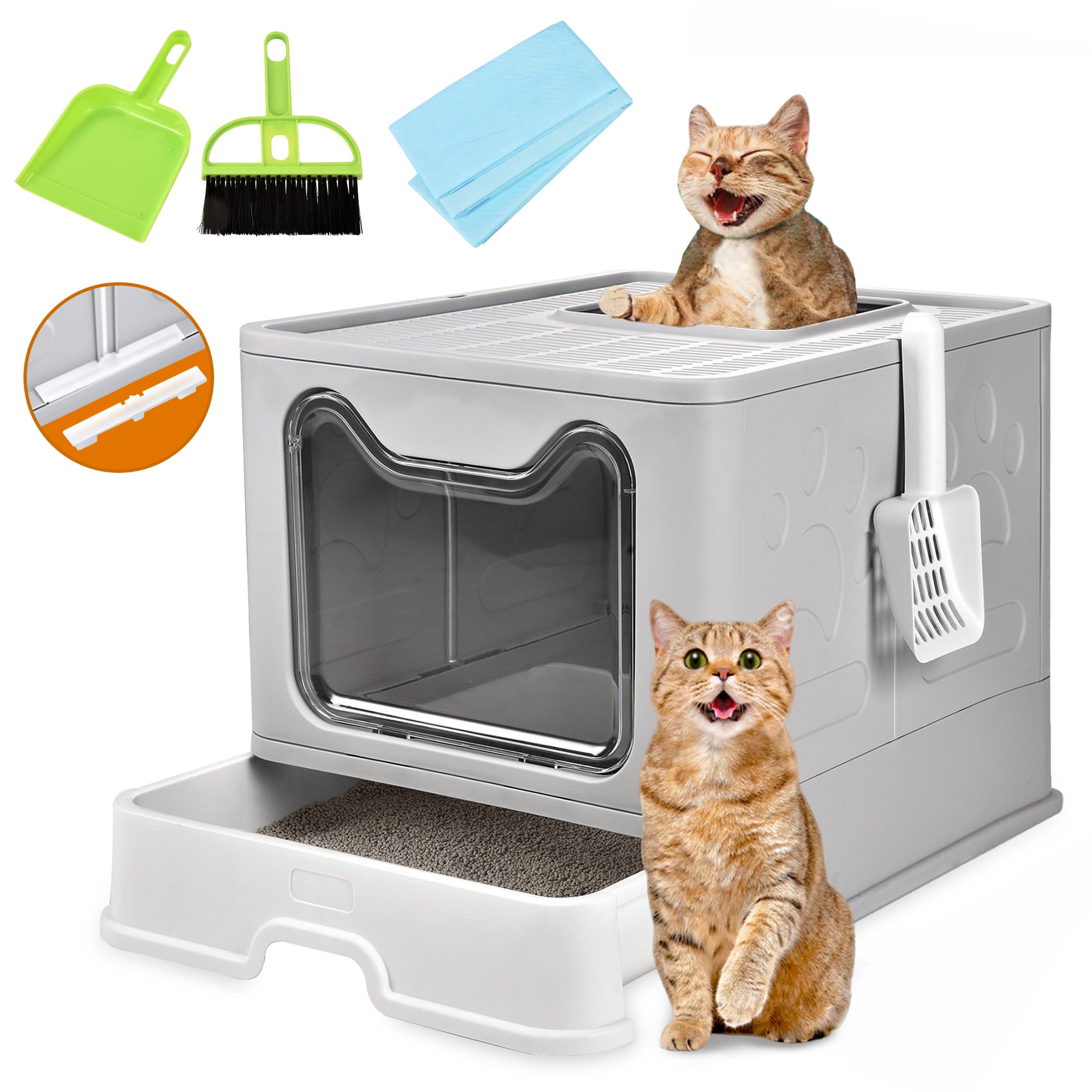 Foldable Cat Litter Box with Lid， Extra Large Covered Litter Box with Cat Litter Scoop， Drawer Type Enclosed Kitty Litter Box， Anti-Splashing Cat Litter Toilet Easy Cleaning and Scoop， Gray