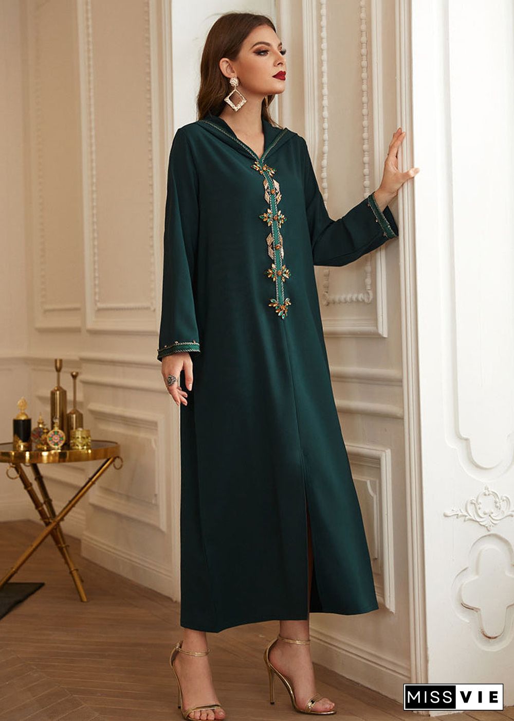 Chic Green Patchwork Zircon Hooded Silk Long Dresses Long Sleeve