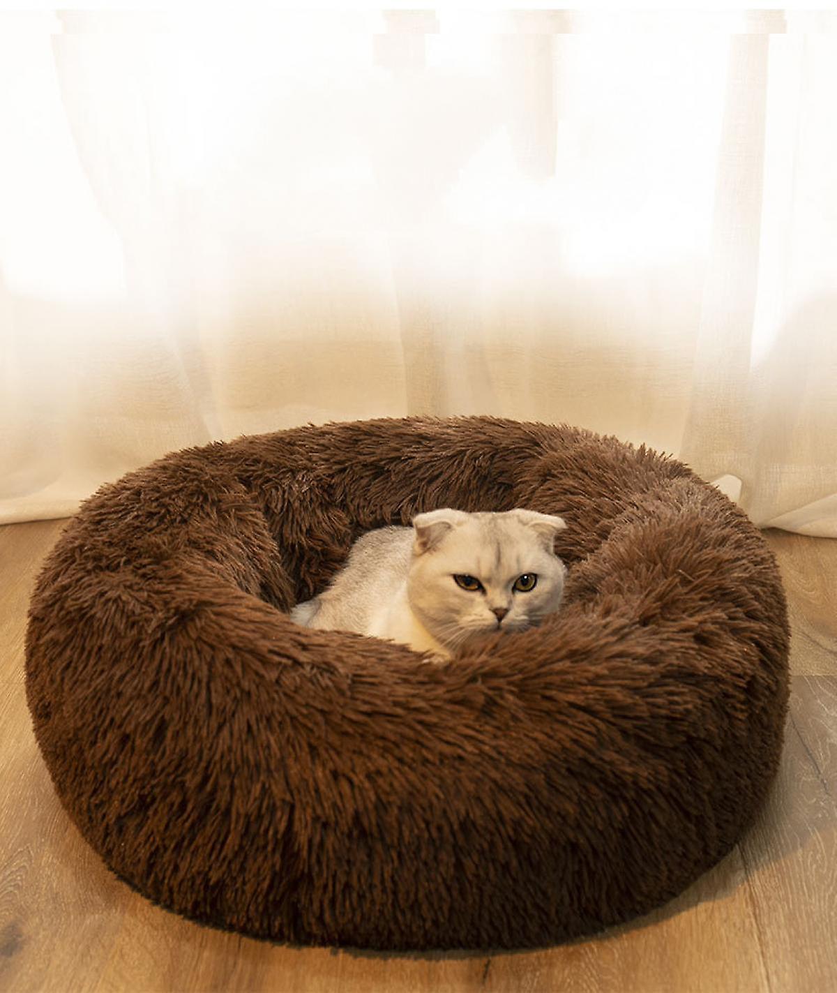 Calming Dog Beds For Small Medium Large Dogs Round Donut Machine Washable Dog Bed， Anti-slip Faux Fur Fluffy Donut Cuddler Cat Bed Whiteandblue 50cm