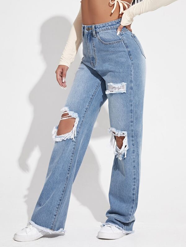 Ripped Cutout Wide Leg Jeans