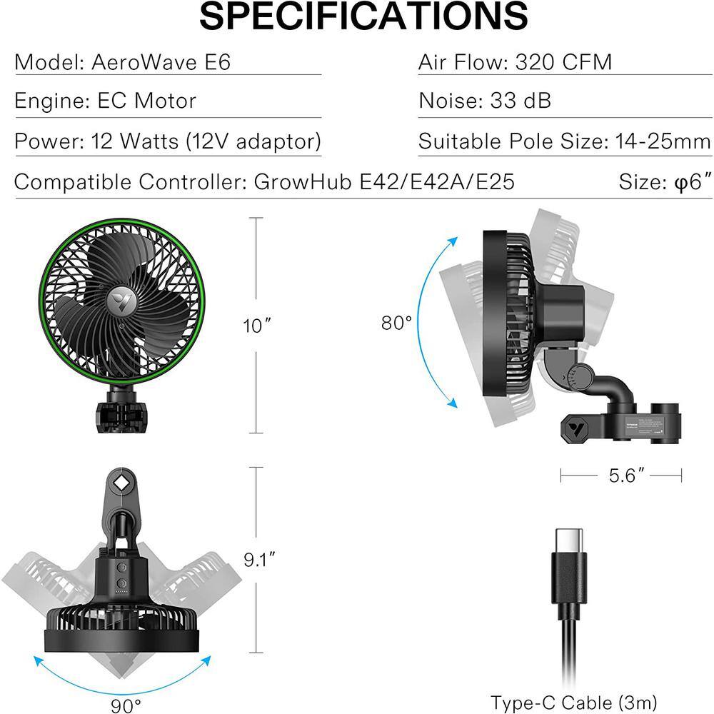 VIVOSUN AeroWave Portable 6 in. Smart Wifi Control Clip Fan in Black with Fully-Adjustable Tilt for Hydroponic Ventilation wal-VSF-AWE6