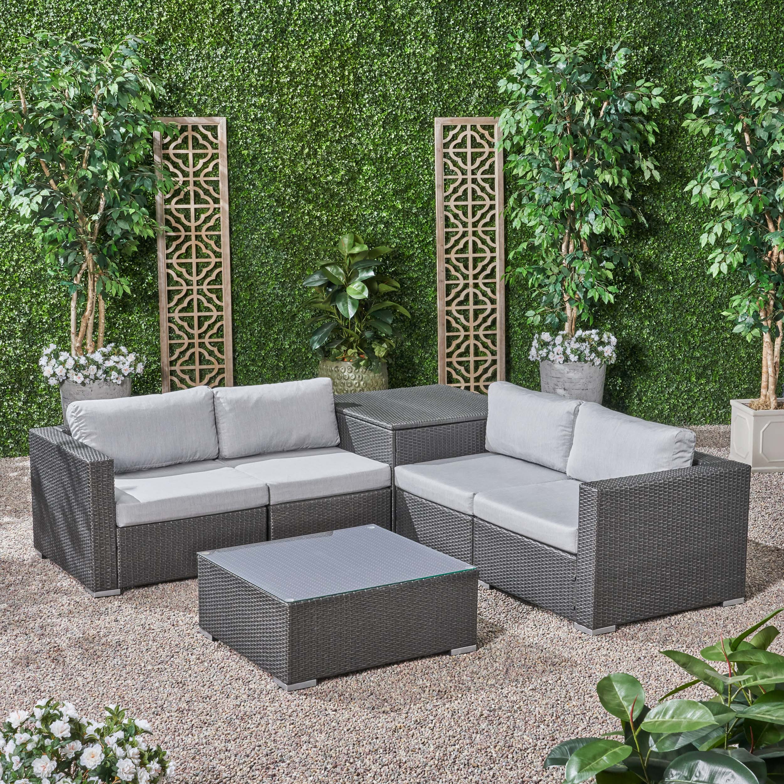 Kyra Outdoor 4 Seater Wicker Sofa Set with Storage Ottoman and Sunbrella Cushions