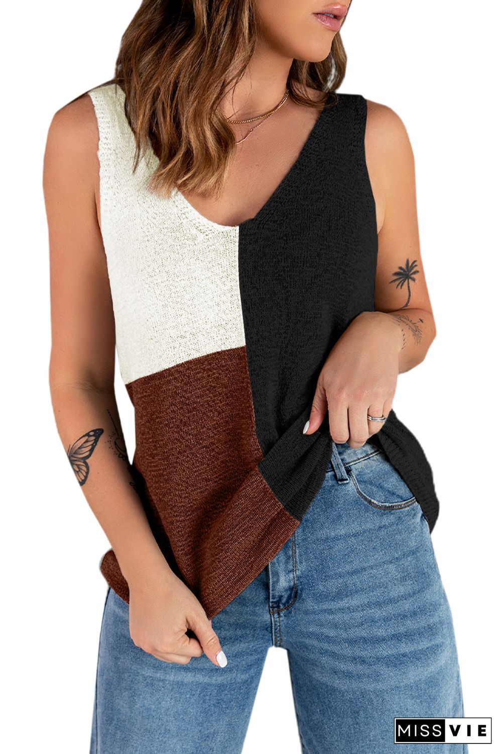 Black Color Block Knitted Tank Top