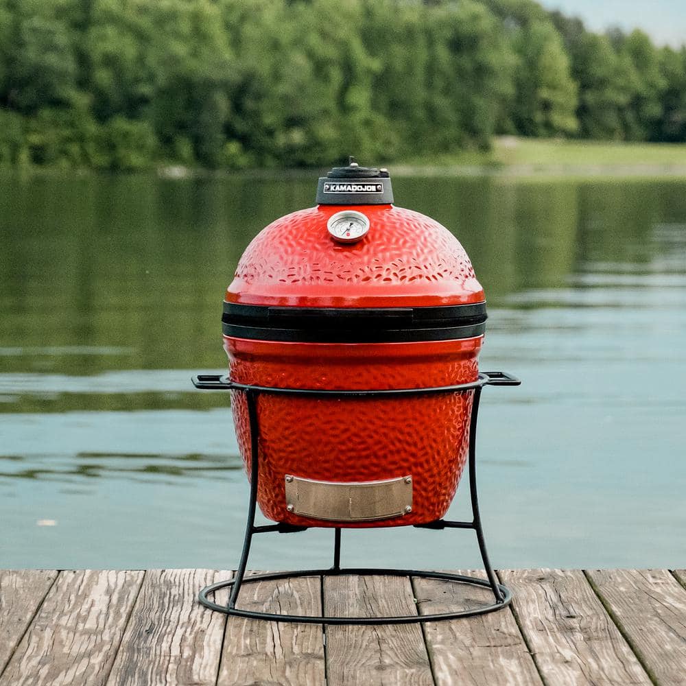 Kamado Joe Joe Jr. 13.5 in. Portable Charcoal Grill in Red with Cast Iron Cart, Heat Deflectors and Ash Tool KJ13RH