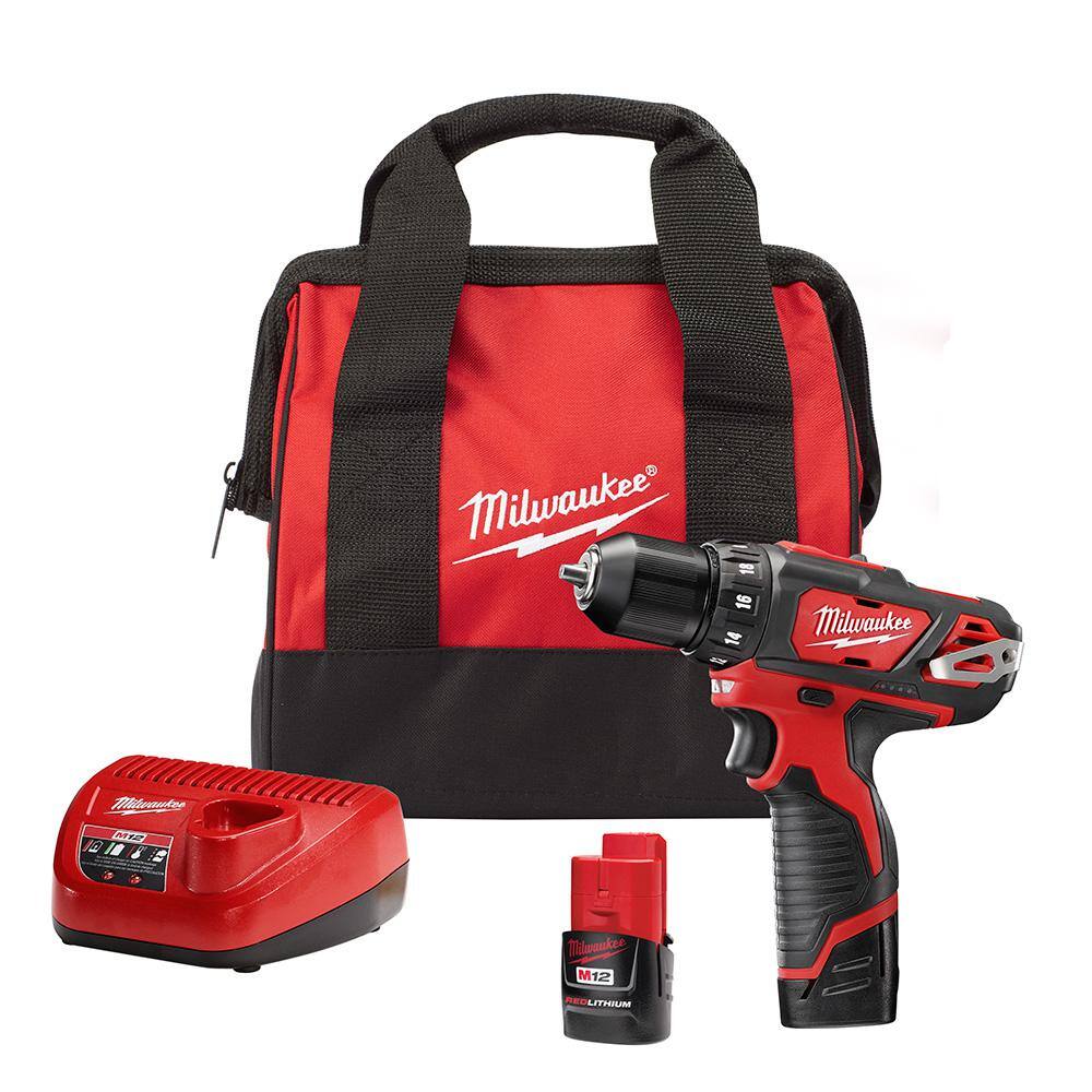 MW M12 12V Lithium-Ion Cordless 38 in. DrillDriver Kit with Two 1.5 Ah Batteries Charger and Tool Bag 2407-22