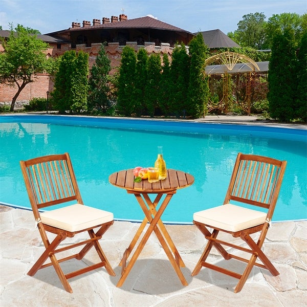 3 Pieces Acacia Wood Patio Folding Bistro Set Cushioned Chair - Overstock - 37532301