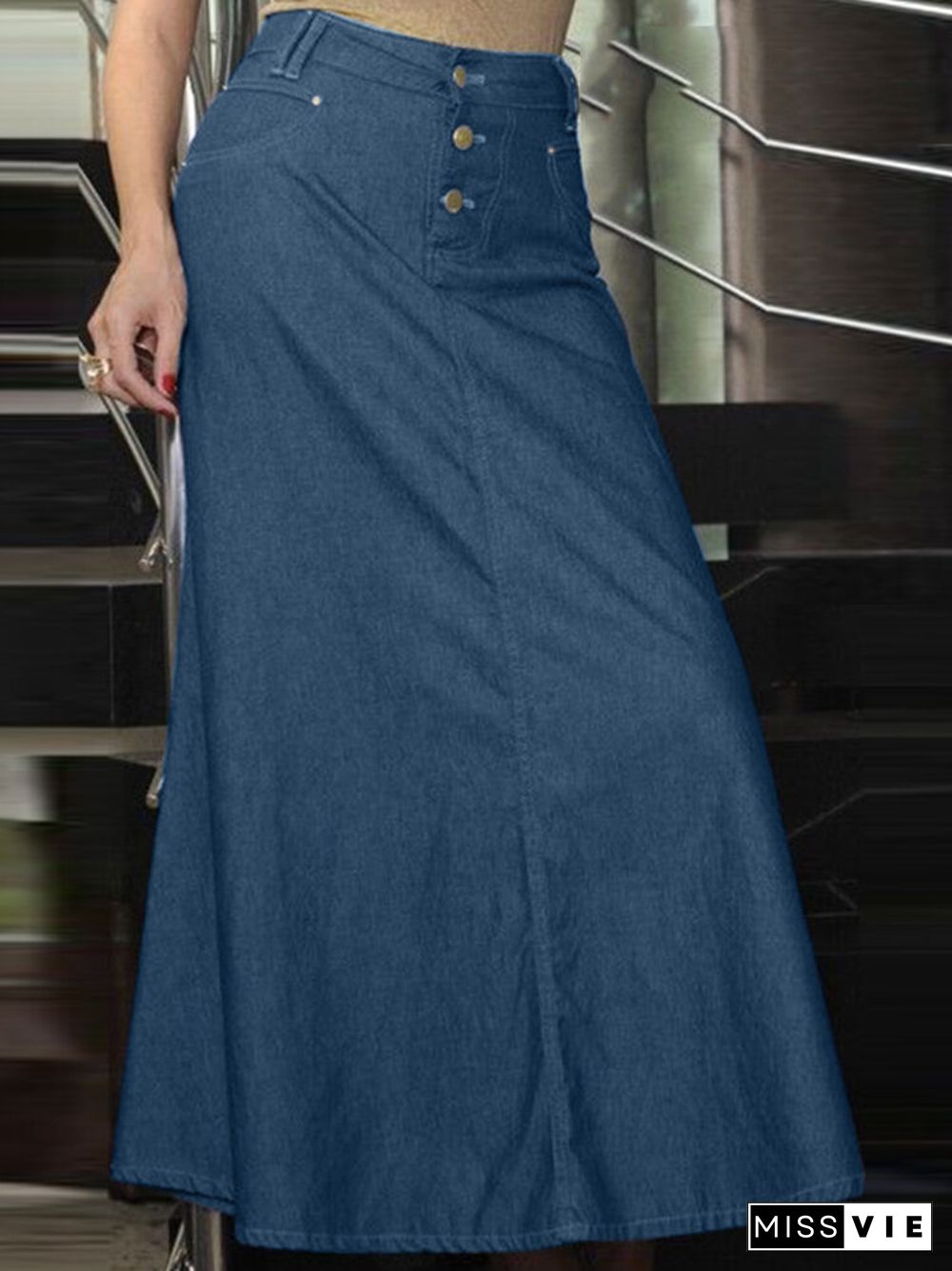 Leisure Button Casual Denim Maxi Skirt