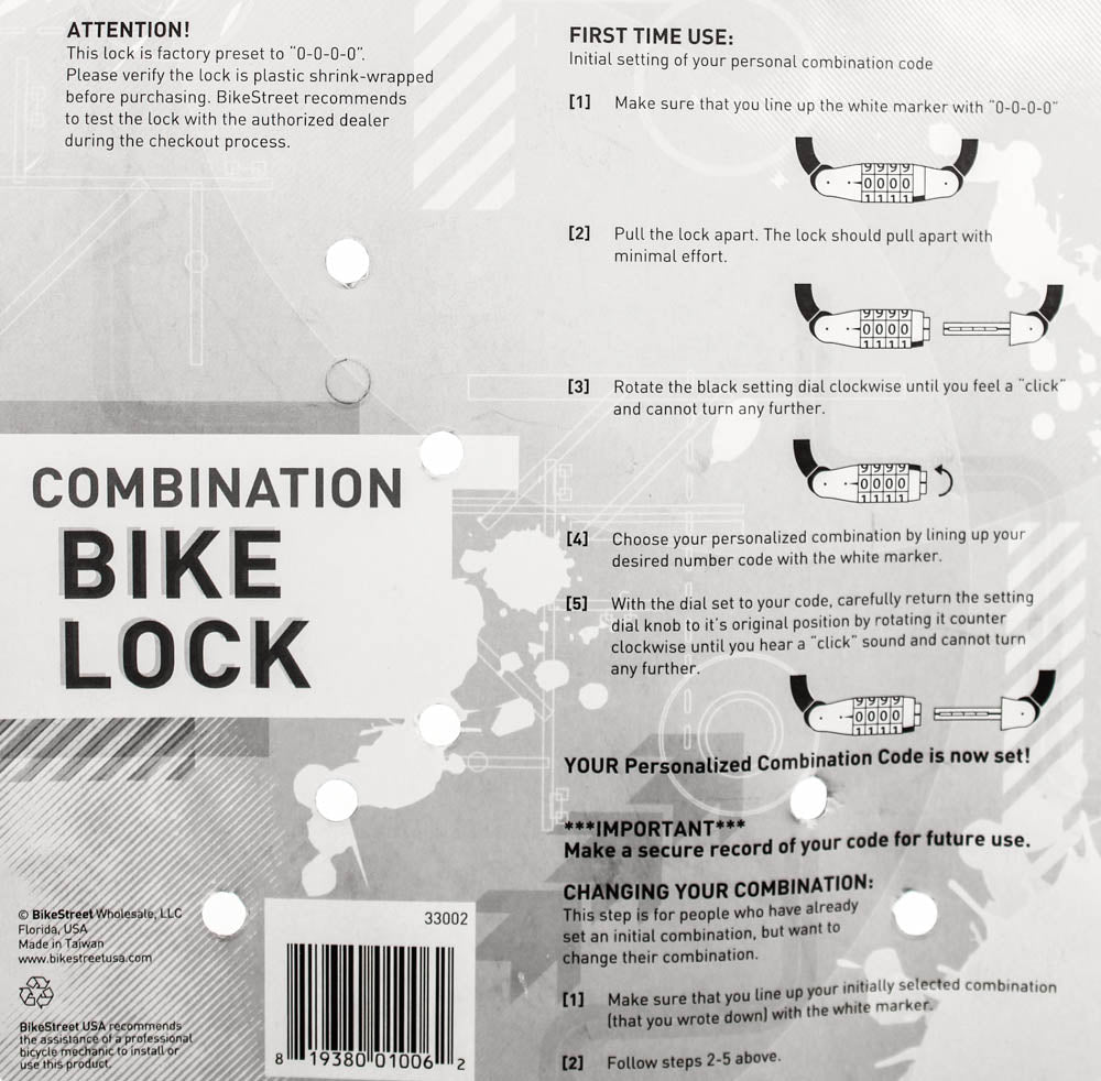 BIKE STREET Combination Bike Lock Cable 8mm x 6' Combo Flexible W/ Mounting NEW