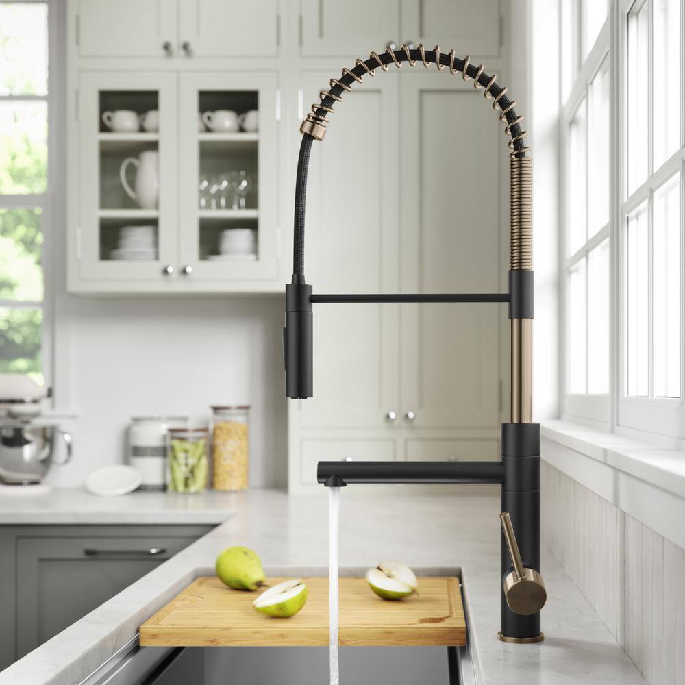 KRAUS Artec Pro Pull-Down Single Handle Kitchen Faucet with Pot Filler in Spot Free Antique Champagne Bronze  Matte Black KPF-1604SFACBMB