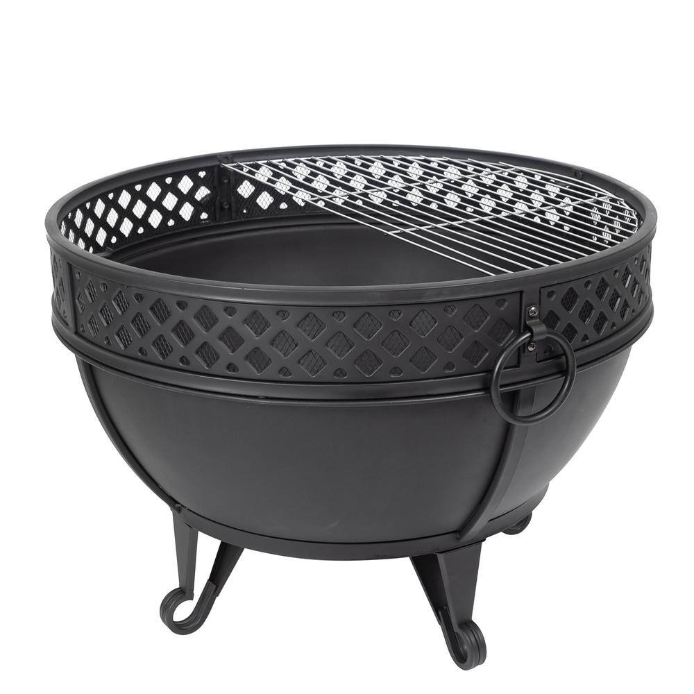 Pleasant Hearth Gable 28 in. W x 25.5 in. H Round Steel Wood Burning Black Fire Pit with Poker OFW003R