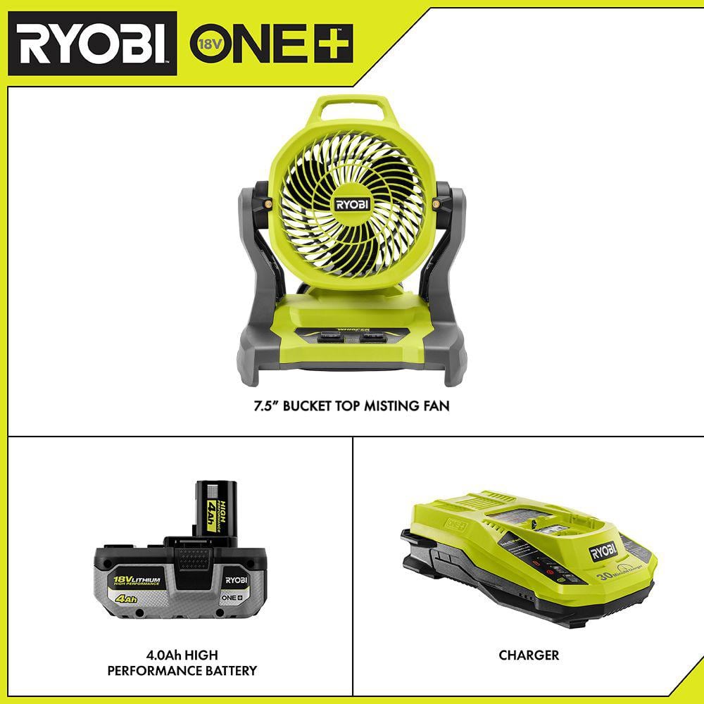 RYOBI ONE+ 18V Cordless 7-12 in. Bucket Top Misting Fan with HIGH PERFORMANCE 4.0 Ah Battery and Charger Kit PCL851B-PSK004