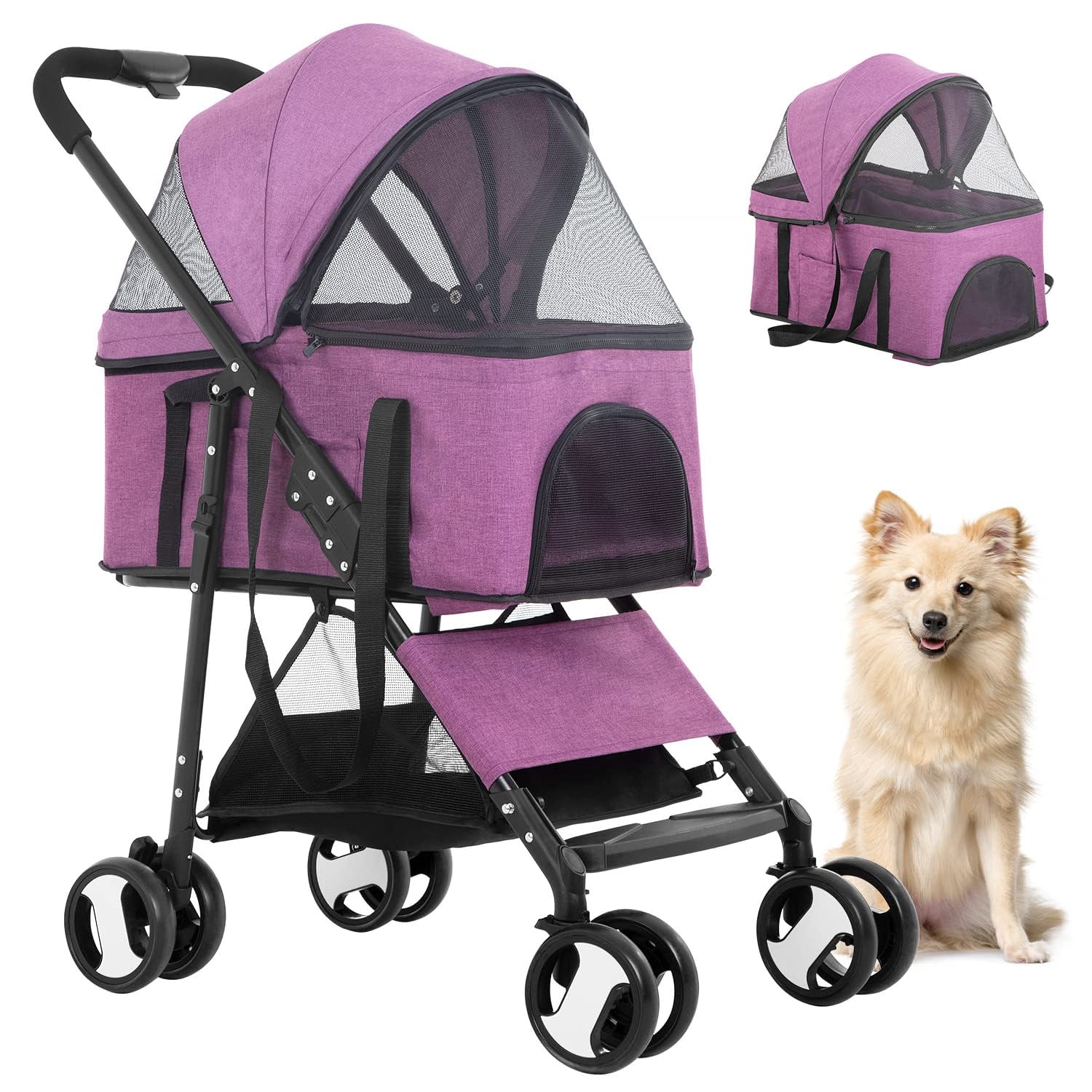 YRLLENSDAN 4 Wheels Pet Strollers for Small Dogs Jogging Stroller， Lightweight Foldable Dog Stroller for Medium Large Dogs 3-in-1 Multifunction Cat Stroller w/Detachable Carrier and Storage Basket