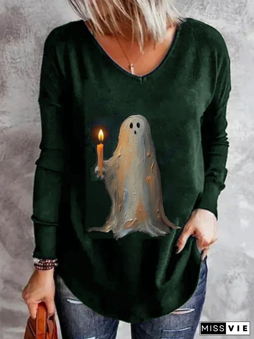 Casual Halloween V Neck Long Sleeve T-shirt