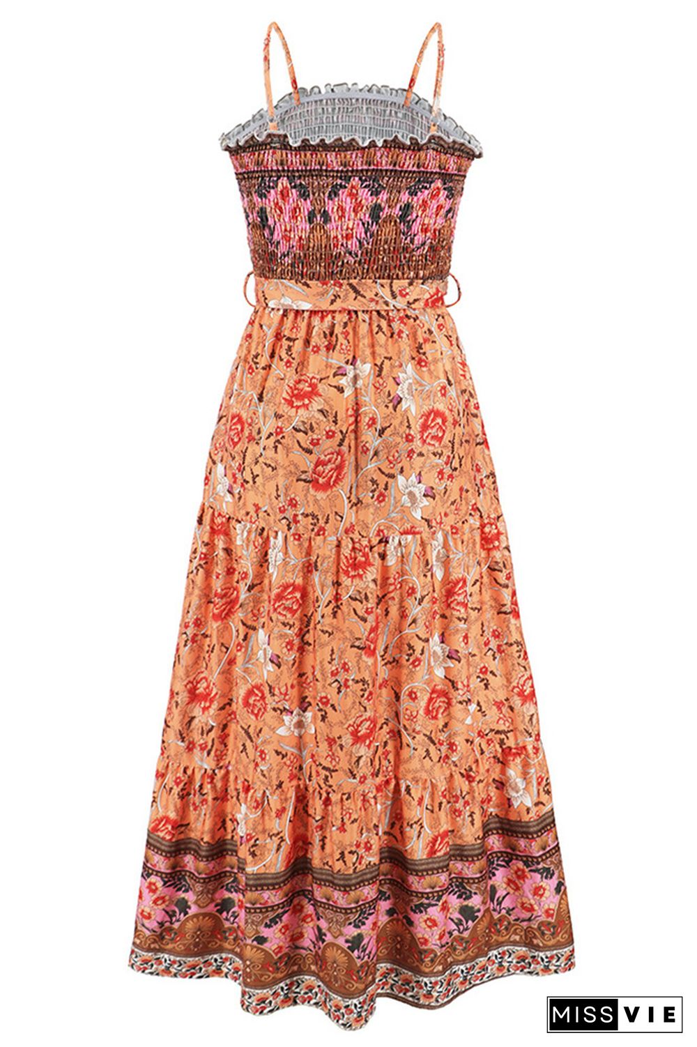 Boho Floral Print Smocked Bandeau Spaghetti Strap Maxi Dress