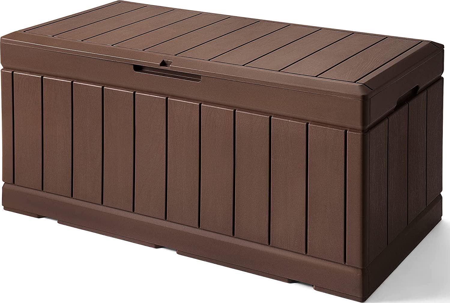 GUNJI 83 Gallons Storage Box Outdoor Waterproof Large Resin Deck Box Patio Storage Bench Lockable Storage Container for Outdoor Cushions, Garden Tools and Pool Supplies (Brown)