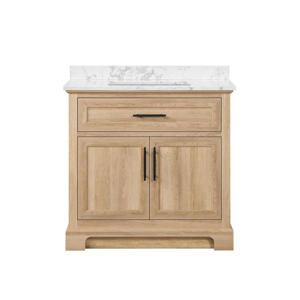 Home Decorators Collection Doveton 36 in. W x 19 in. D x 34.50 in. H Freestanding Vanity in Weathered Tan with White Engineered Stone Top Doveton 36WT