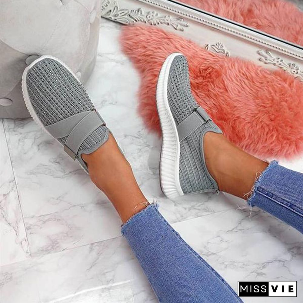 Women Fashion Bling Rhinestones Flyknit Fabric Slip On Breathable Platform Sneakers