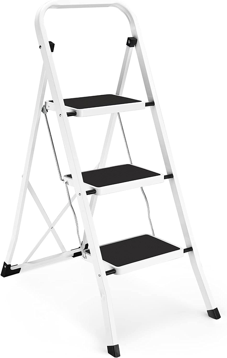 4 Step Ladder, HBTower Folding Step Stool with Tool Platform, Wide Anti-Slip Pedal, Sturdy Steel Ladder, Convenient Handgrip, Lightweight 330lbs Portable Steel Step Stool, Black