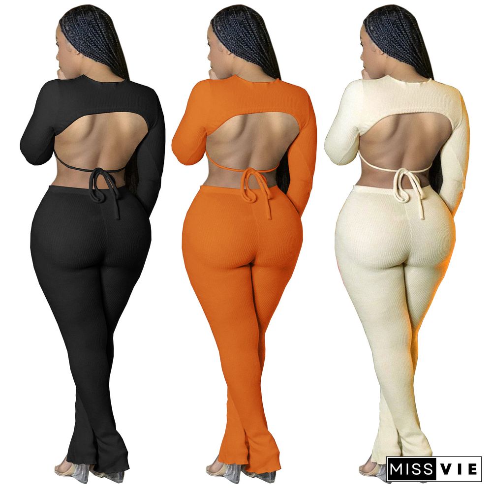 Autumn Women Fashion Solid Color Long Sleeve O-Neck Backless Crop Tops Pencil Pants 2 Piece Set