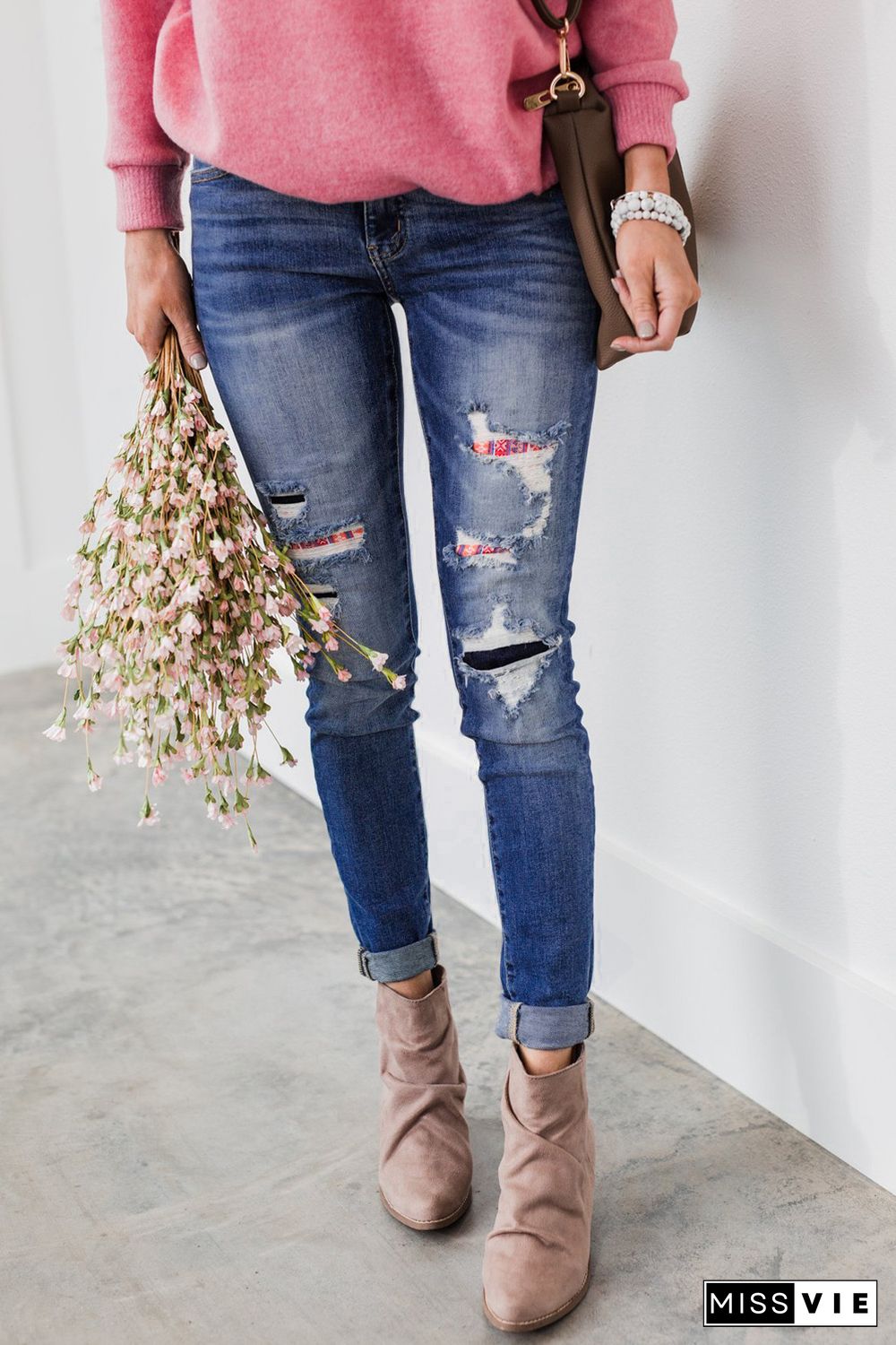 Aztec Patch Ripped Slim-fit Jeans