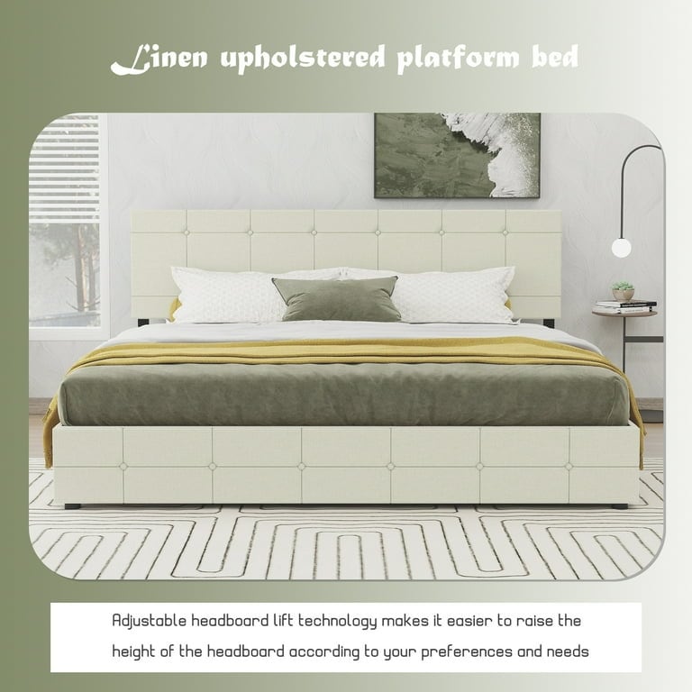 NNV Upholstered Platform Bed Frame with 4 Storage Drawers  Button Tufted Design