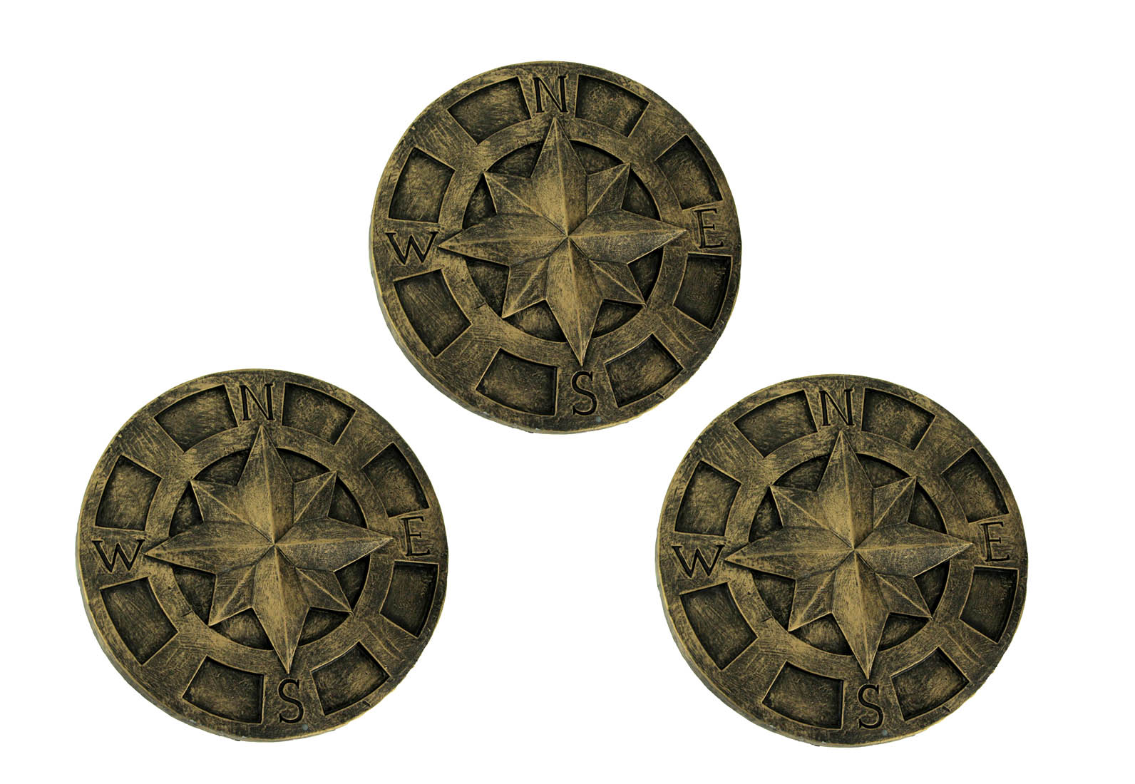 Zeckos Green Nautical Compass Rose Stepping Stone Wall Plaque Set of 3 - Bronze