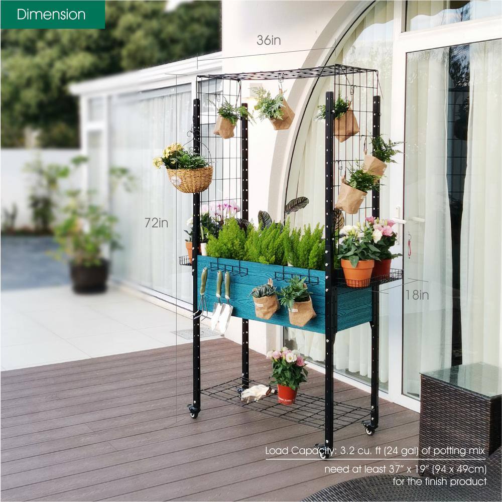 EverBloom Blue Self-Watering Composite Mobile Elevated Planter with Arch Trellis and UnderShelf and Basket and Hook Set K2304