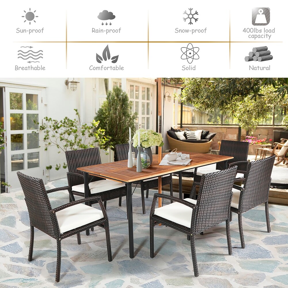 Costway 7PCS Patio Rattan Dining Set Table Top W/Umbrella Hole   See Description