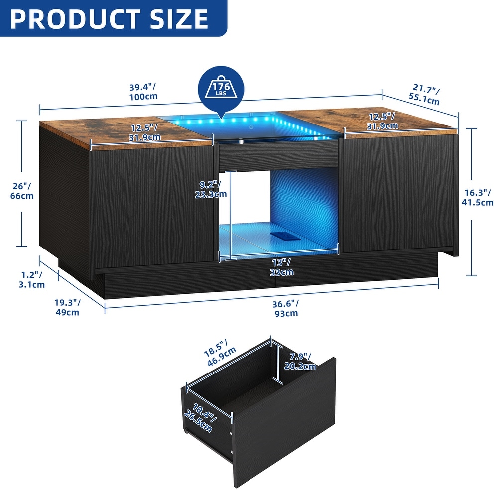 Modern Wood Coffee Table with Storage Drawers and LED Lighting