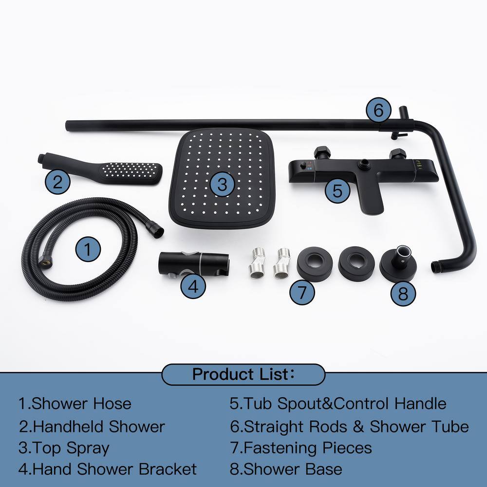 Tomfaucet Luxury Thermostatic 3-Spray Multi-Function Tub and Shower Faucet with Hand Shower in Matte Black TFB0838MB