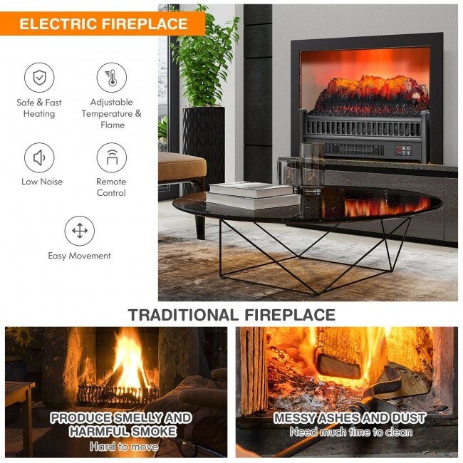 1400W Electric Fireplace Log Heater with Adjustable Flame Brightness Black   23\