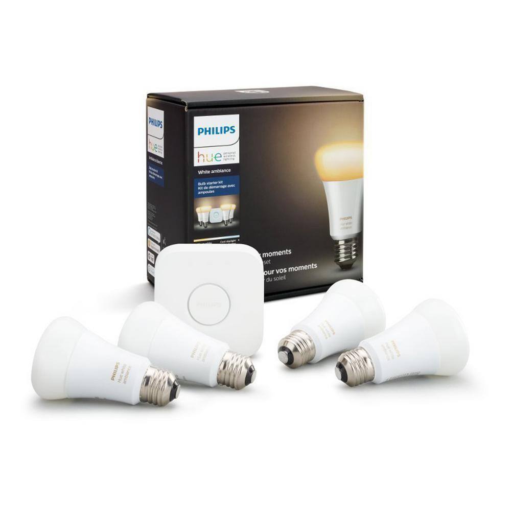 Philips Hue White Ambiance A19 LED 60W Equivalent Dimmable Smart Wireless Lighting Starter Kit (4 Bulbs and Bridge) 471986