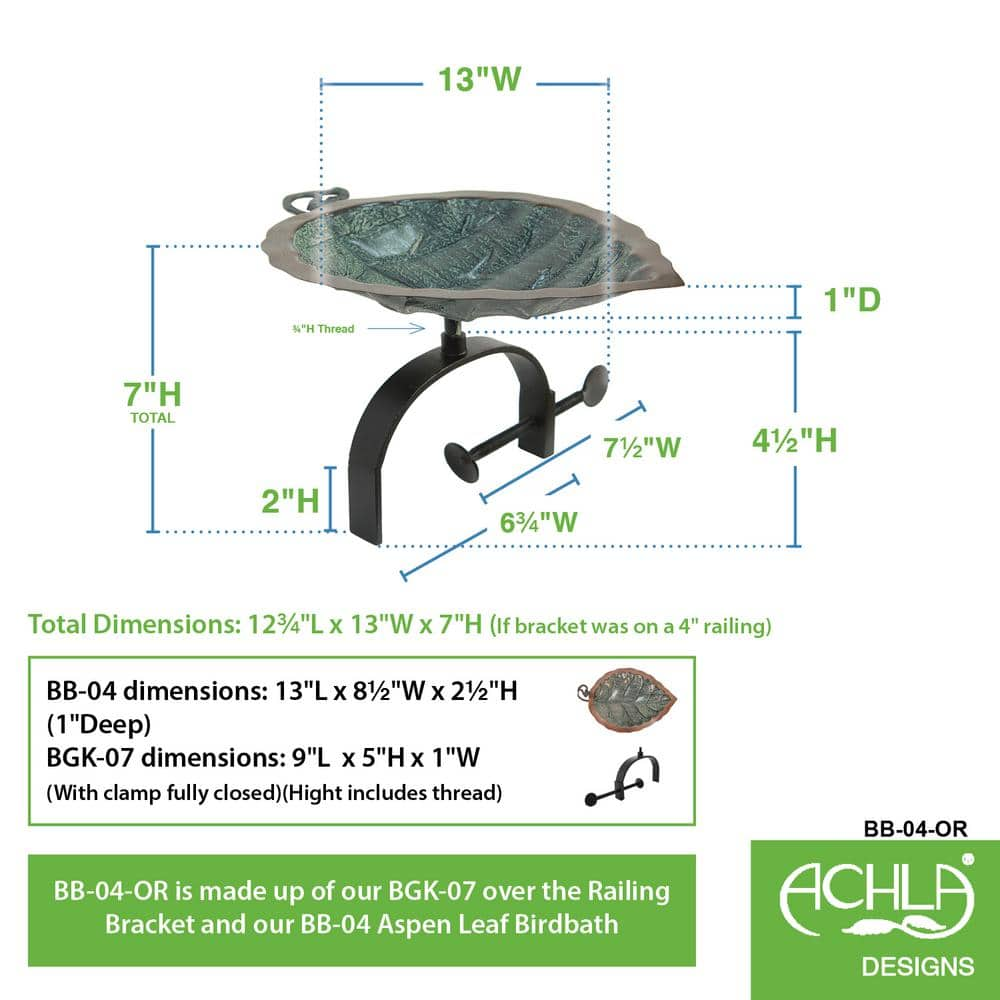 Achla Designs 17 in. Tall Antique Brass Plated Aspen Leaf Birdbath with Over Rail Bracket BB-04-OR