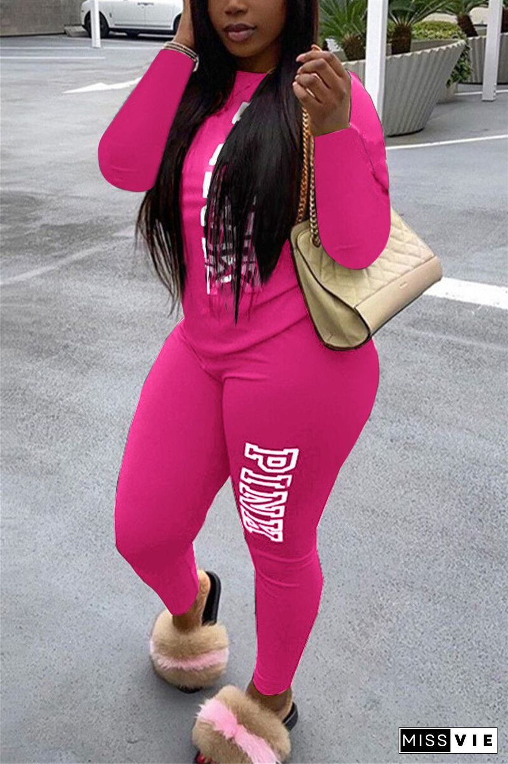 PINK Letter T Shirt Tops Skinny Pants Two Piece Sets