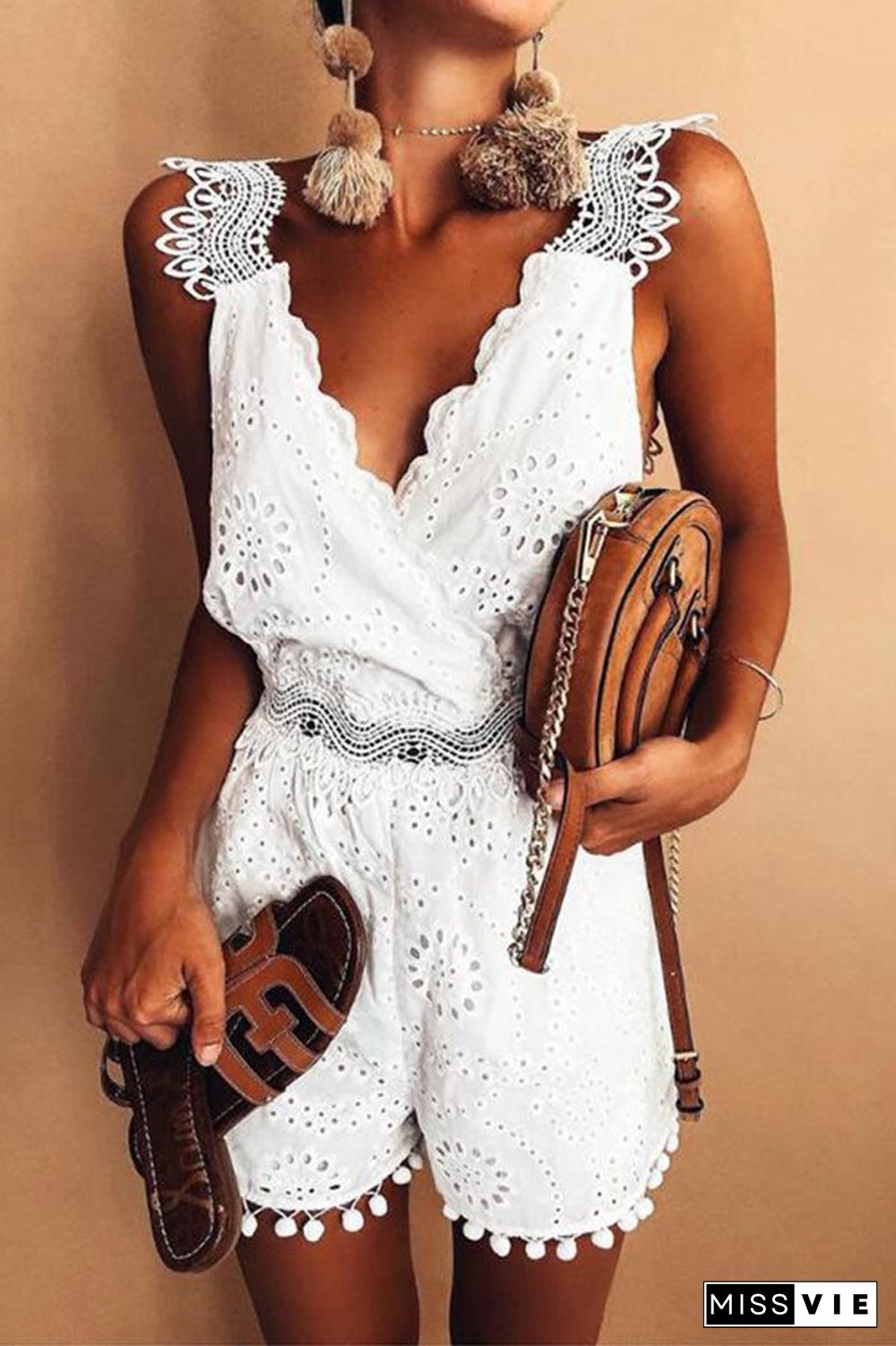 Lace Patchwork Open Back V-Neck Romper