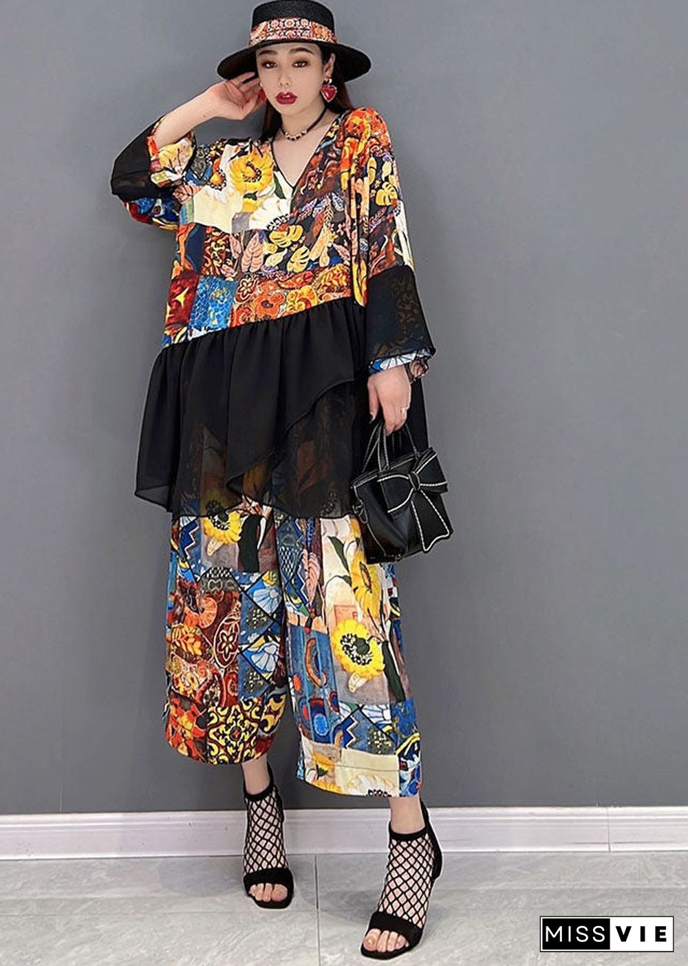 Women Colorblock Asymmetrical Print Tulle Patchwork Tops And Pants Two Piece Set Women Clothing Long Sleeve