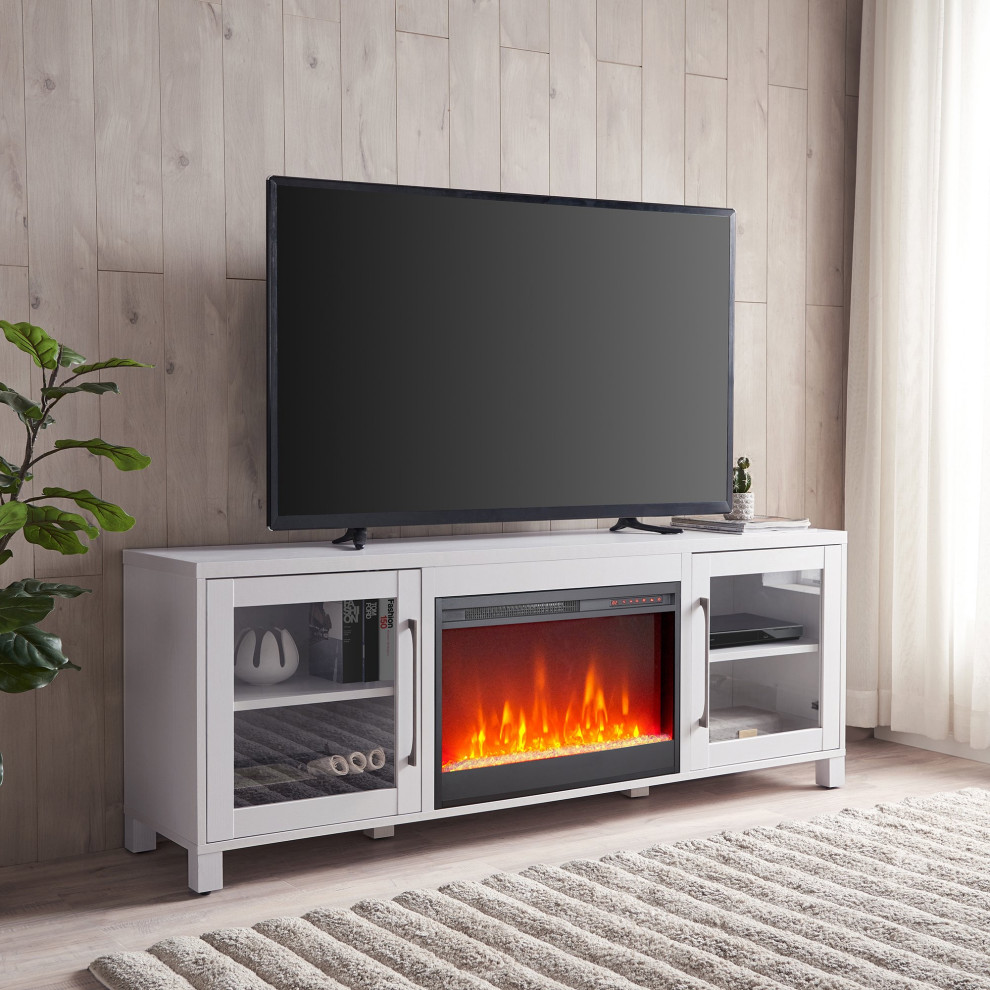 Modern TV Console  Elegant Design With Glass Doors and Fireplace  White   Transitional   Entertainment Centers And Tv Stands   by Declusia  Houzz