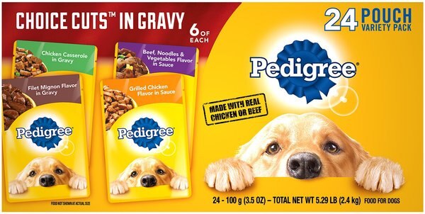 Pedigree Choice Cuts in Gravy Variety Pack Filet Mignon， Grilled Chicken， Chicken Casserole and Beef Noodle Wet Dog Food Pouches